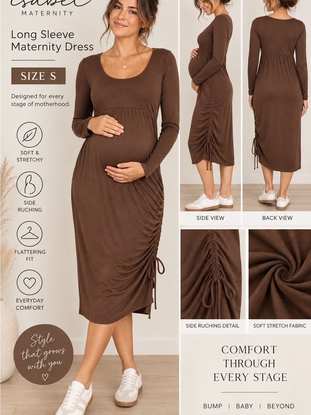 Isabel Maternity by Ingrid & Isabel Long Sleeve Side-Ruched Dress - Brown